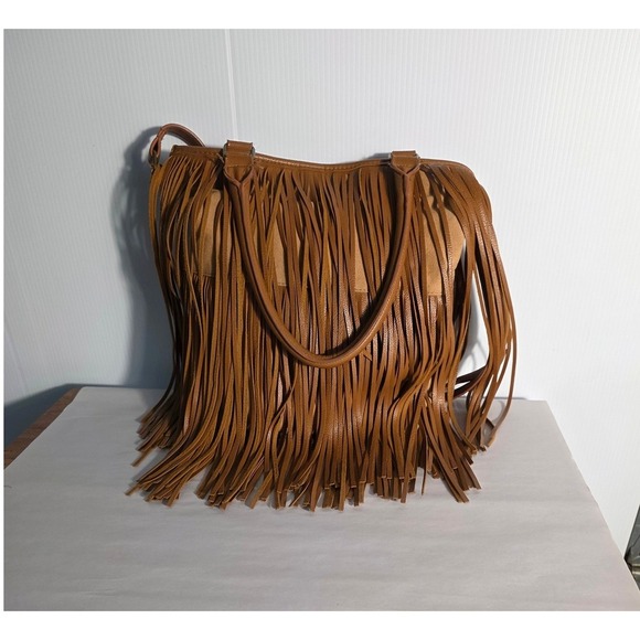 Brown Faux Leather Fringe Tote Bag Shoulder Purse - Picture 2 of 7